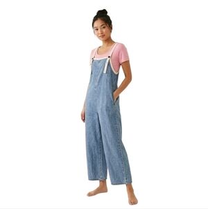 M Women's Denim Overalls Wide Leg White Trim Lagenlook Boho
